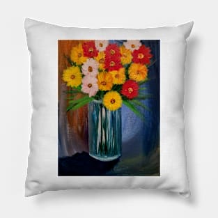 Some mixed flowers with metallic blue vase Pillow