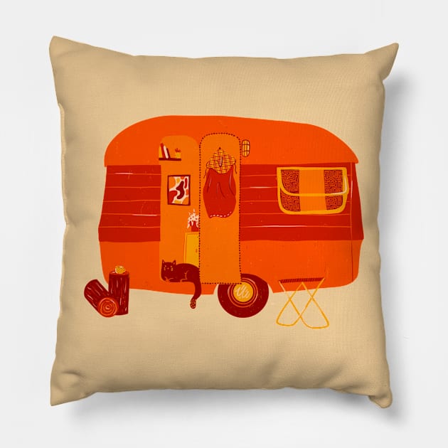 Retro Camper Cat Pillow by braveleopard