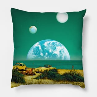 Green Sea - Space Collage, Retro Futurism, Sci-Fi Pillow