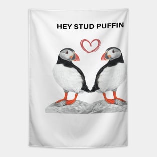 Stud Puffin - Stud muffin - Puffin couple - Puffin art - couple art - bedroom art - Puffin lovers Tapestry