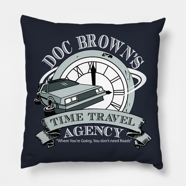 Doc Brown's Time Travel Agency Pillow by GreenHRNET