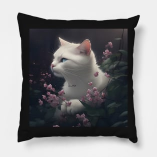 White Cat Kitten surrounded by Pink Flowers | White cat with blue eyes | Digital art Sticker Pillow