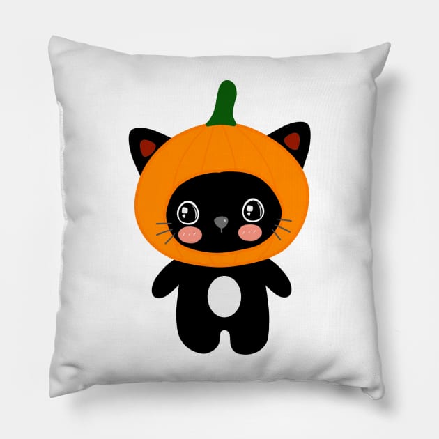 Funny Kawaii Cute Black Cat Pumpkin Halloween Costume Pillow by Illustradise