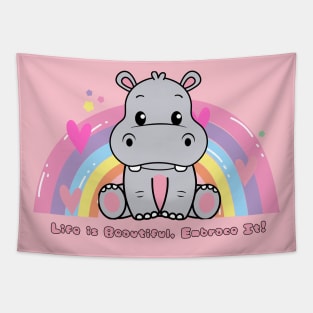 cute hippo with rainbow Tapestry