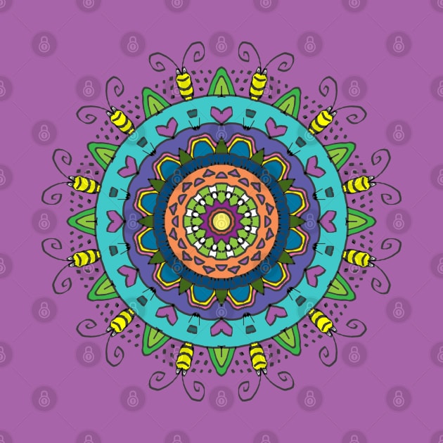 Colorful Mandala with Hearts and Bugs on Purple by karenmcfarland13