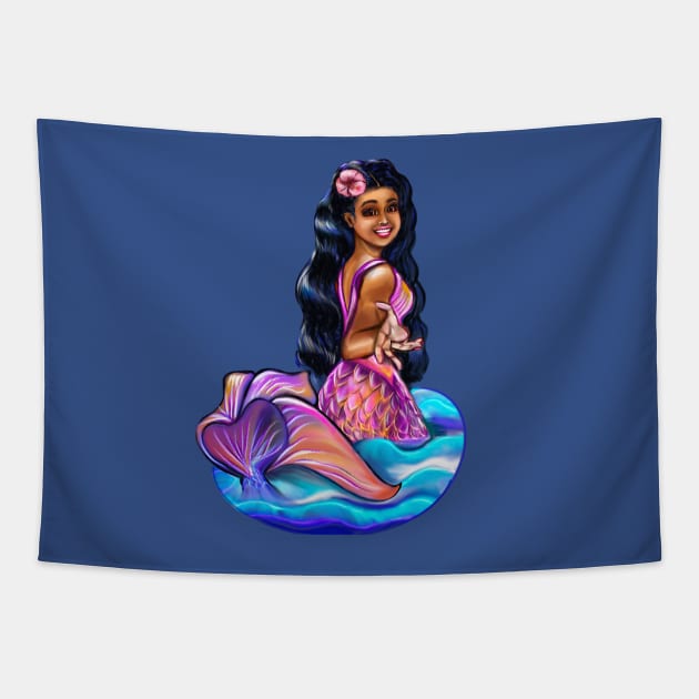 Mermaid Pacific princess  2 with rainbow coloured colored fins, hibiscus, outstretched  arm, brown eyes, Curly hair  and caramel brown skin - light background Tapestry by Artonmytee