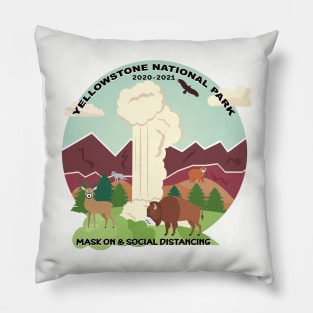 Mask On and Social Distancing at Old Faithful, Yellowstone National Park Pillow