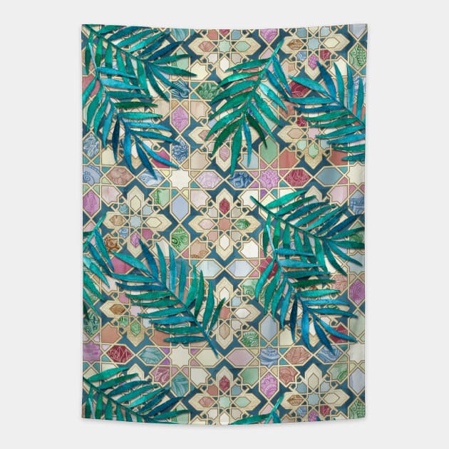 Muted Moroccan Mosaic Tiles with Palm Leaves Tapestry by micklyn