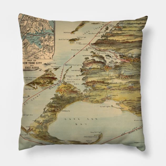 Vintage Cape Cod and NYC Steamboat Route Map Pillow by Bravuramedia