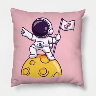 Cute Astronaut Holding Flag On Moon Cartoon Pillow