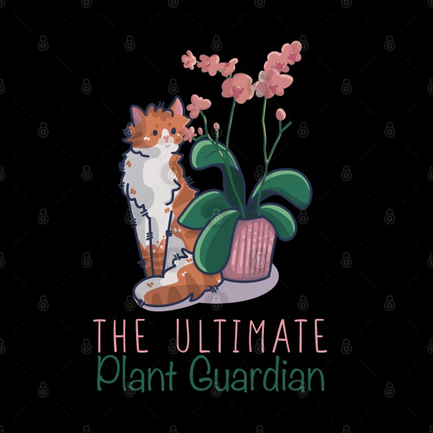 The Ultimate Plant Guardian - Orange and white cat with orchid by Feline Emporium