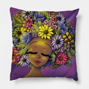 African American Woman and Flowery Hair Pillow