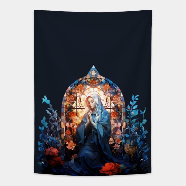 Blessed Virgin Mary Stained Glass Tapestry by Pixelchicken