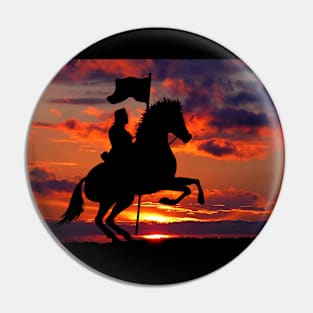 Knight riding on horse at night during sunset Pin