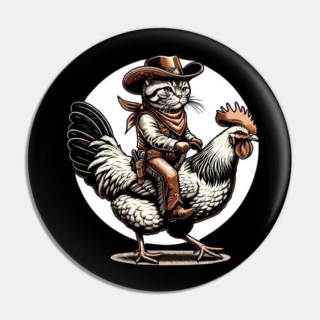 Meowdy Cat Riding Chicken Pin by VisionDesigner