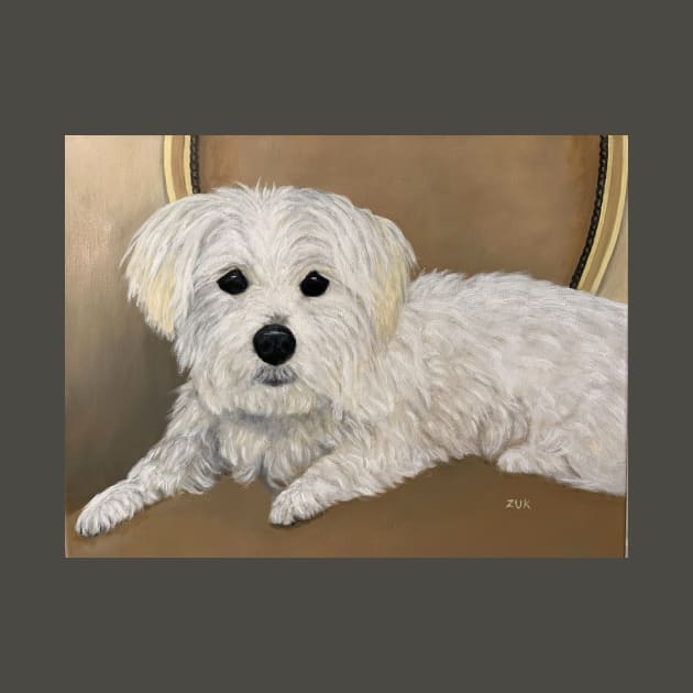 Maltese dog oil portrait. Little white dog with black button eyes and nose. by KarenZukArt