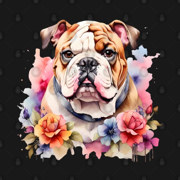 An english bulldog decorated with beautiful watercolor flowers by CreativeSparkzz