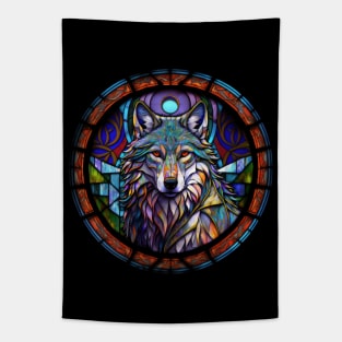 Majestic Tribal Wolf in Stained Glass Tapestry