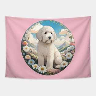 White Doodle Dog In A Field Of Spring Flowers Tapestry