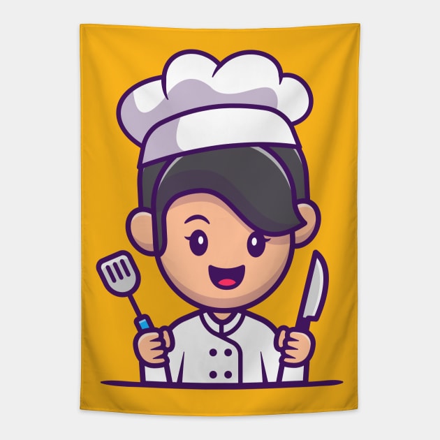 Chef Girl With Knife And Spatula Cartoon Tapestry by Catalyst Labs