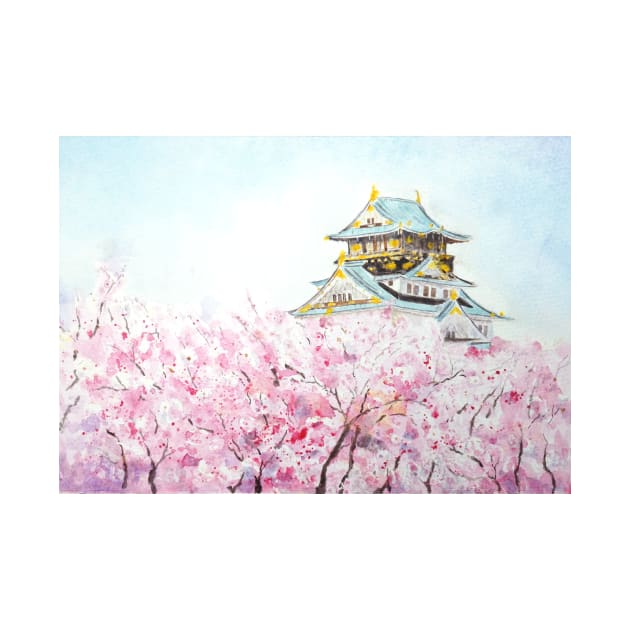 Japan Osaka castle and sakura watercolor painting by colorandcolor