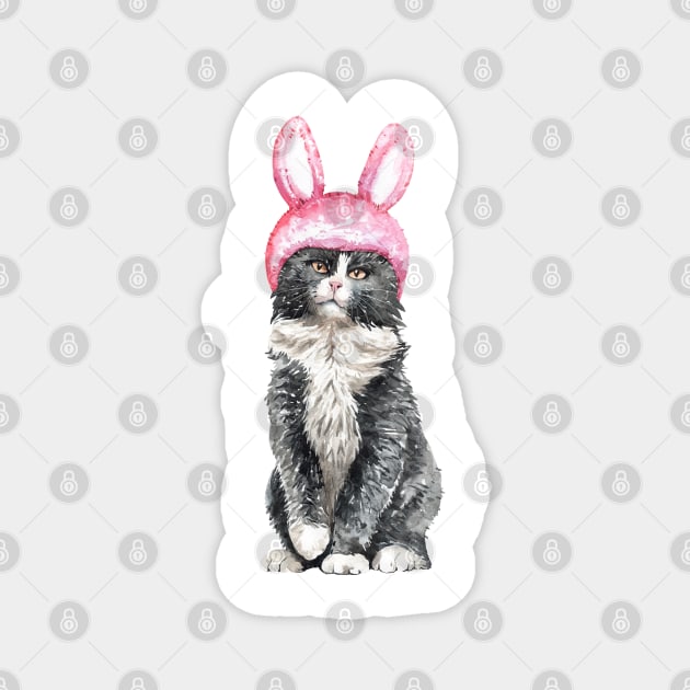 funny Watercolor Black & White Cat Wearing Rabbit Helmet Magnet by labatchino