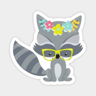 Hipster Raccoon, Raccoon With Glasses, Flowers Magnet