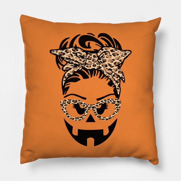 Jack O Lantern Face pumpkin messy bun Halloween leopard funny Pillow by DODG99