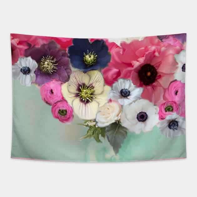 WHITE PINK ROSES ,ANEMONE FLOWERS ,TEAL AQUA BLUE FLORAL Tapestry by BulganLumini