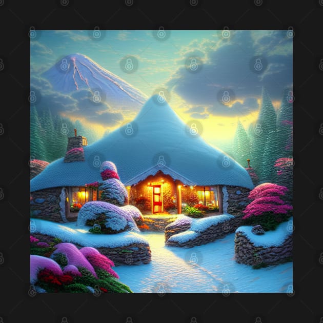 Magical Fantasy Cottage with Lights In A Snowy Scene, Scenery Nature by Promen Art