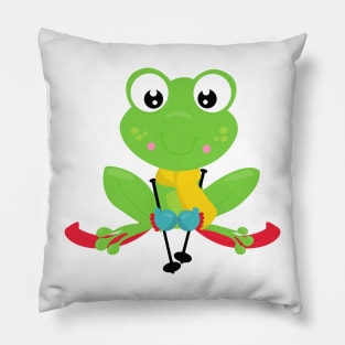 Winter Frog, Cute Frog, Green Frog, Skis, Skiing Pillow