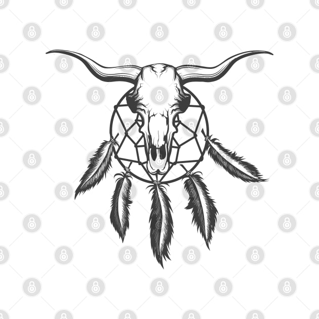 Bull skull and indian dream catcher tattoo. Native american elements Tattoo in engraving style. by devaleta