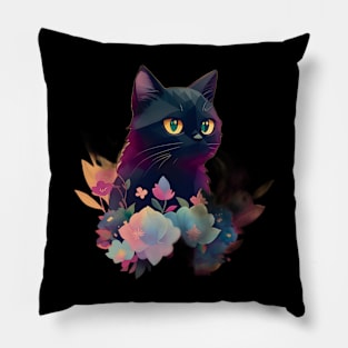 Cute Black Cat Love Watercolor Pillow