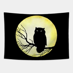 Scary Vintage Owl and Watercolor Moon Tapestry