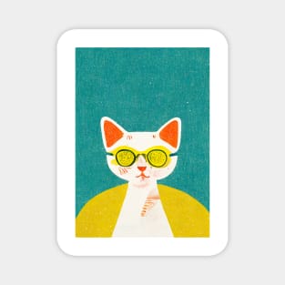 Cat Scientist Retro Poster Vintage Art Cat Wall Turquoise Yellow Illustration Magnet