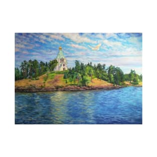 White dove over Saint Nicholas' Skete, Valaam. T-Shirt