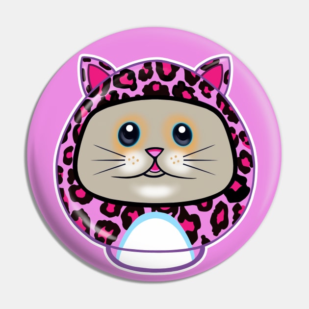 Cute Kitty Pink Leopard Print Daruma Doll Pin by Space Truck