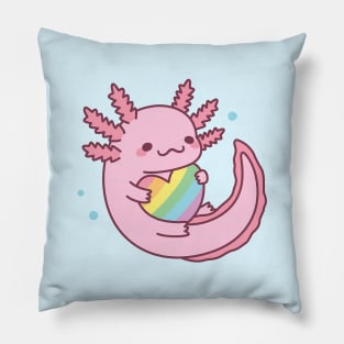 Cute Axolotl Hugging Rainbow Heart Pillow