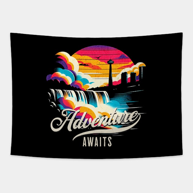 Adventure Awaits Niagara Falls Vintage Design Tapestry by Miami Neon Designs