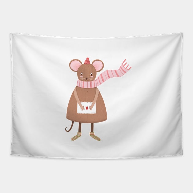 Mouse in a hat with a love letter winter cozy illustration Tapestry by mikhaleeevich