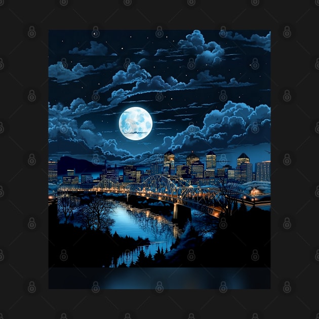Full Blue Moon Over Portland Oregon on a Dark Background by Puff Sumo