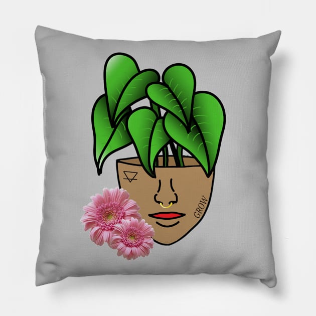 Surreal Tropical House Plant, Pot Head, with Pink Gerber Daisy Pillow by Tenpmcreations