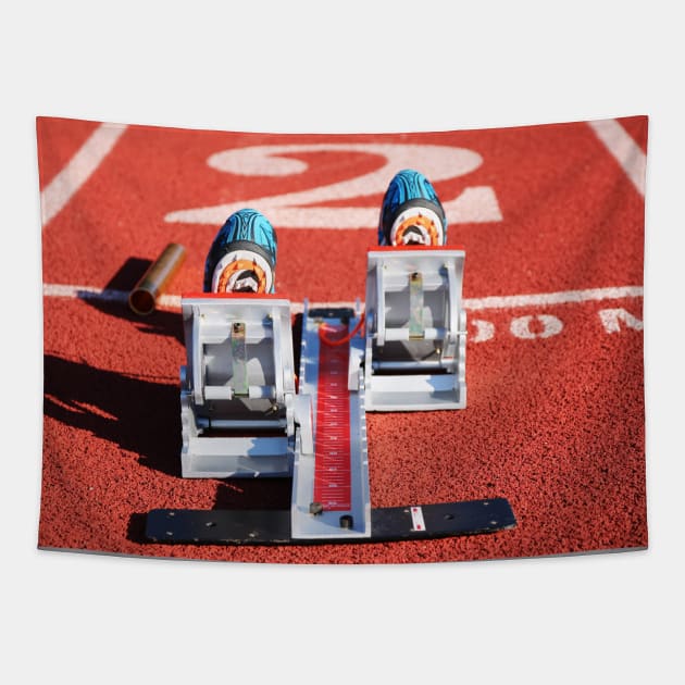 Starting blocks with spikes and a baton Tapestry by Woodys Designs