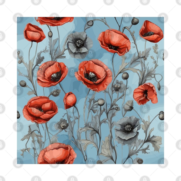 Peachy Red and Ash Poppies Floral Pattern on Dusty Sky Blue by Siha Arts