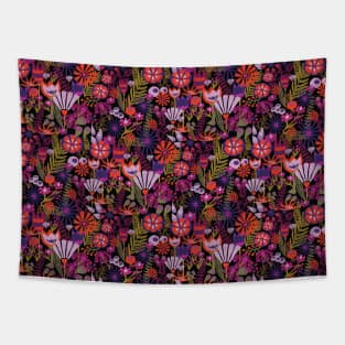 Purple and red flowers with green leaves on a black background. Distressed vintage look. Bright flowers on a dark background. Tapestry