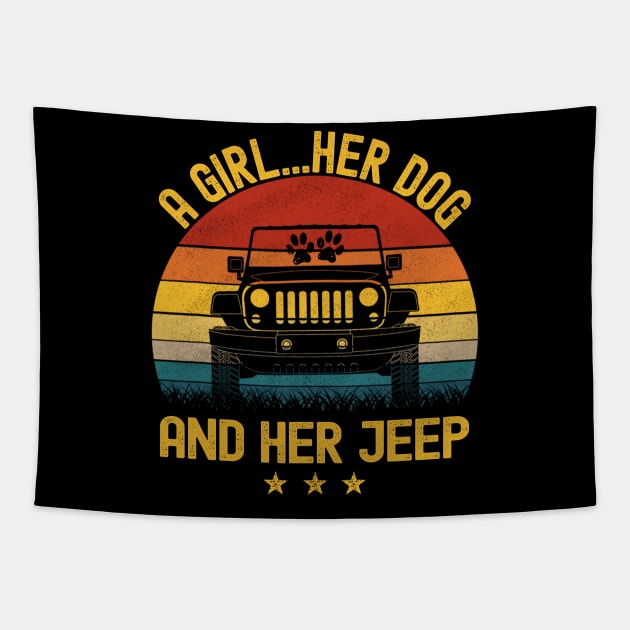 A Girl Her Dog And Her Jeep Vintage Jeep Jeeps Lover Tapestry by Jane Sky