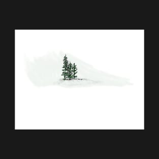 Winter Pine trees, open field with pine trees, snow, green, white T-Shirt