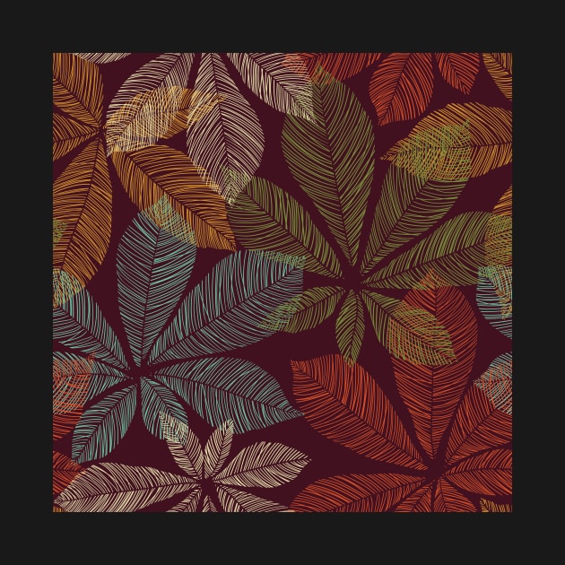 Dark autumn tropical leaves. Chestnut abstract illustration. Leaf skeleton print by likapix