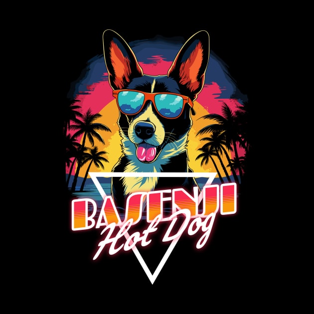 Retro Wave Happy Basenji Hot Dog Shirt by Miami Neon Designs