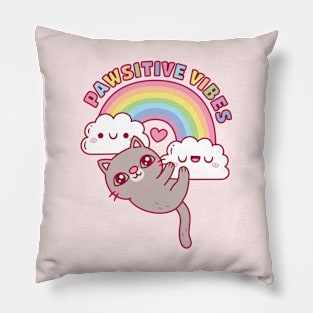 Cute Cat, Rainbow And Clouds, Pawsitive Vibes Pillow